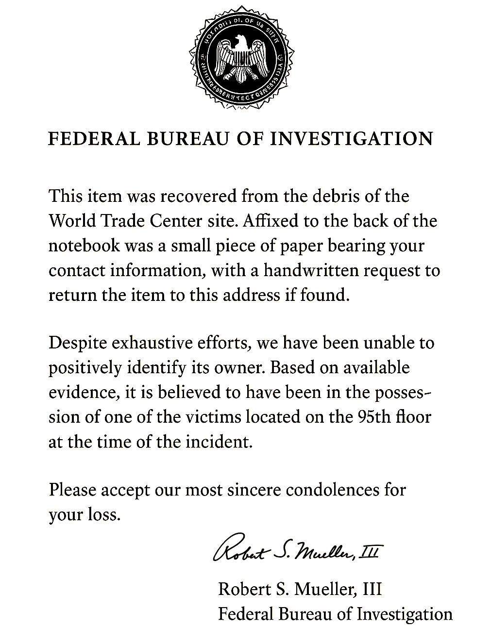 Letter on pseudo-official FBI letterhead. Screen reader version follows.